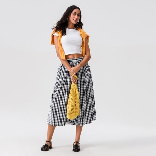 Felcia Women's Y2k Plaid Capri Culottes Elastic Waistband Wide Leg Loose Casual Pull On Trousers with Side Pocket (A-Black, S) - Image 4