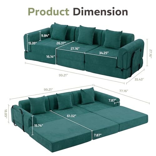 Image of 100 inch Convertible Sofa Bed, 5-in-1 Modular Sectional Cloud Couch with Fixed-Shape Frame & Storage Pocket, No Assembly Required Boneless Sleeper Sofa for Living Room, Chenille Green