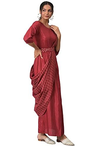 Image of W for Woman Women Maroon Maxi Insta Saree Dress with Embroidered Belt