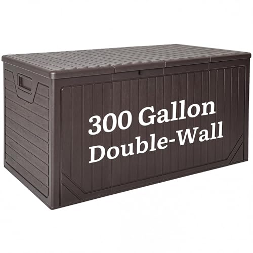 YITAHOME XXL 300 Gallon Extra Large Outdoor Deck Box Lockable Resin Double-Wall Storage Box and Waterproof Patio Furniture Bin for Garden Tools & Pool Accessories Brown
