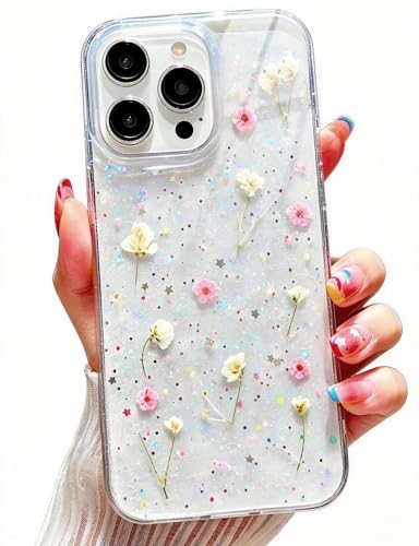 IAIYOXI for iPhone 14 Plus Clear Case with Pressed Real Flowers Design - Glitter Cute White Floral Pattern, Slim Soft TPU Protective Phone Cover for Women and Girls (Pink)