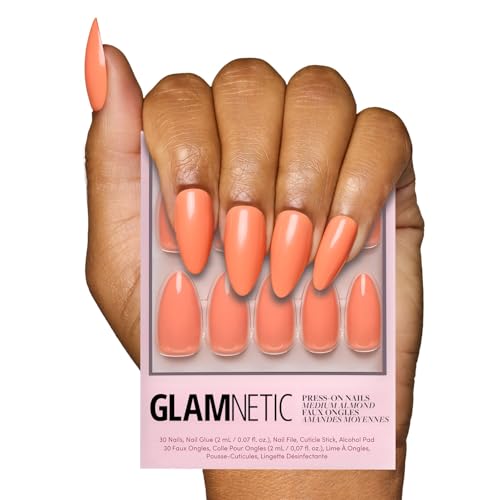Glamnetic Press On Nails - Soft Tangerine | Medium Almond Orange Fake Nails with Glossy Finish, Salon Quality | 15 Sizes - 30 Nail Kit with Glue