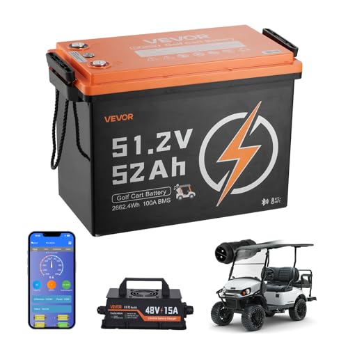 VEVOR 48V (51.2V) 52AH Lithium Golf Cart Battery, with 15A Charger, Lifepo4 Battery Kit, Built-in 100A BMS, 4000 Cycles, 2C Discharge Rate, Bluetooth & Mobile APP, for Golf Carts, Trolling Motors