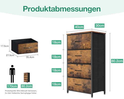 Coleshome Wąska komoda z szufladami, z 4 szufladami, mała komoda z szufladą z materiału, stabilna rama stalowa, płyta drewniana, nadaje się do sypialni i salonu, retro