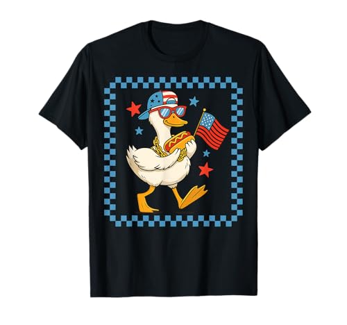 Funny Patriotic Duck USA Flag Hot Dog 4th Of July Boys Men T-Shirt