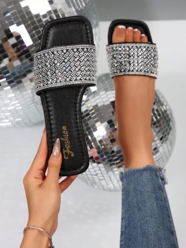 Image of GORGLITTER Women's Sparkly Jeweled Flat Sandals Dressy Open Toe Glitter Shiny Slippers Slip-on Shoes