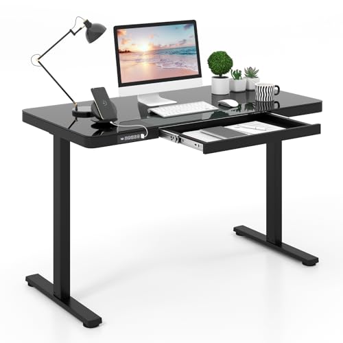 COSTWAY Height Adjustable Electric Standing Desk, 120 x 60cm Stand Up Table with Drawer, Writable Tempered Glass Top and Memory Presets, Home Office Computer Desk Writing Table (Black)