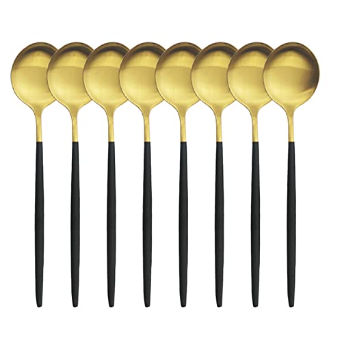 Snplowum 8-Piece Matte Black & Gold Dinner Spoon, 8.26 Inch Daily Use Spoon Set, Stainless Steel Spoon Soup Dinner Tablespoons