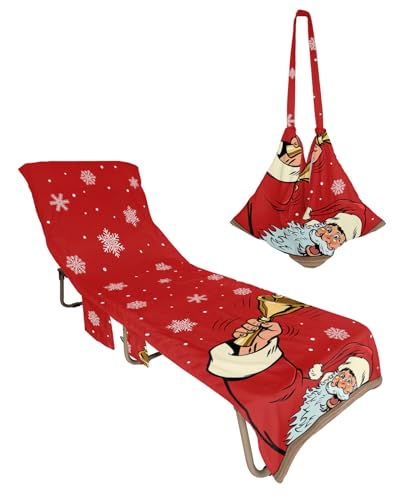 Red Santa Christmas Beach Lounge Chair Towel Cover, Soft Chaise Lounge Towel with Side Pockets Patio Pool Chairs Cover for Beach/Pool Sunbathing 29x85 Winter Snowflake Xmas Bells