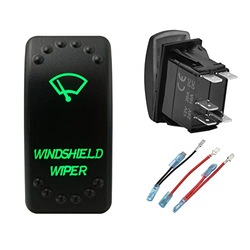Image of Green Backlit Rocker Switch 5 Pin ON-Off Laser Etched Button Switch with Wires for Car Marine Boat UTV 20A /12V 10A /24V (Windshield Wiper)