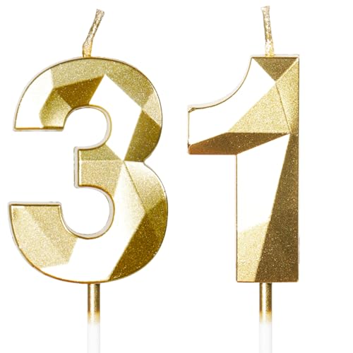 Yiran Gold 31. Geburtstagskerzen, 31. Geburtstagsdekorationen für Frauen und Männlich, 3D-Zahl-31-Kerze für Kuchen, Goldene Kuchendekorationen für Geburtstagsfeiern und Hochzeiten Zubehör