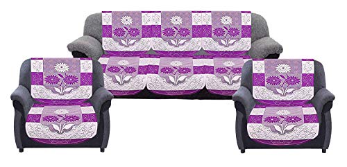 Image of Kuber Industries Side Flower Cotton 5 Seater Sofa Cover, 70 inch x 29 inch, Set of 6, Purple