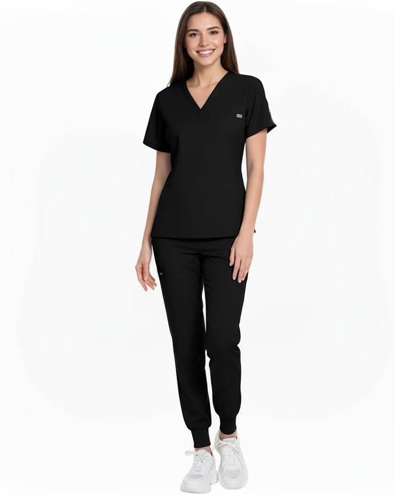 Meichoon Scrub Suit Set Solid Color Short Sleeve V Neck Top 1 Pocket Jogger Pants Adjustable Waist Medical Uniform DK87