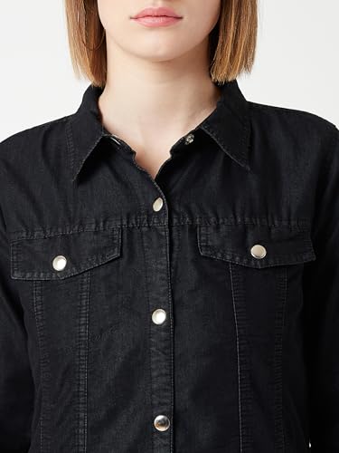 Image of Miss Chase Women's Polo Neck Full Sleeves Patch Pocket Denim Overcoat Knee-Length Jacket