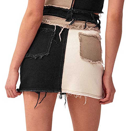 Tulucky Womens Fashion Mid-Rise Color Blocking Patchwork Ripped Stretch Denim Skirts3