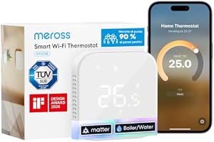 Meross Termostato WiFi, Termostato Caldaia Smart Cronotermostato da Parete Intelligente, Matter Termostato Ambiente Riscaldamento e Raffreddamento per Siri, Alexa e Google, Home Assistant