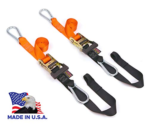 PowerTye 1.5in x 6.5ft Heavy-Duty Yellow-Zinc Ratchet Tie-Down Straps with Soft-Tye and Carabiner Hooks- 1,000 lb Working Load Limit / 3,000 lb Breaking Strength - Made in USA - Orange/Black (Pair)