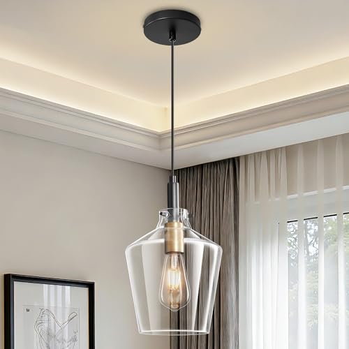 Actask Glass Pendant Light, Black Gold Pendant Lights Kitchen Island with 8'' Clear Glass Lampshades, Modern Hanging Ceiling Light for Farmhouse Dining Room Bedroom Hallway(1 Pack)