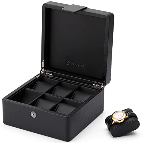Vlando Fathers Day Gift, Watch Box Organize for Men, 6 Slots Watch Case with Textured Leather, Watch Holder with Soft Pillow, Gift for Fathers, Husband, Friend, Black