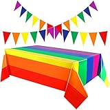 Boao 2 Pieces 51 x 71 Inch Rainbow Tablecloth Gay Pride Table Cover Plastic Rectangle Tablecloth 20 Feet Colorful Triangle Rainbow Pennant Banner for Birthday Wedding Bridal Shower Pride Party