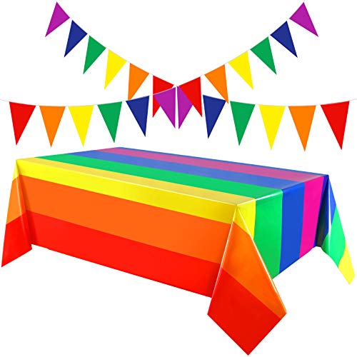 2 Pieces 51 X 71 Inch Gay Pride Tablecloth Rainbow Tablecloth Pride Table Cover Plastic Rectangle Tablecloth With 2 Pieces 20 Feet Colorful Triangle Rainbow Pennant Banner For Gay Party Supplies #TOP30