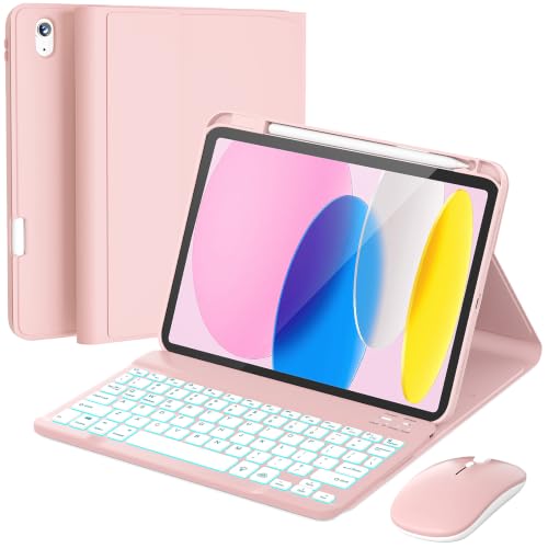 RAYMCRAFT for iPad 11th (A16 2025) / 10th Generation Case with Keyboard Mouse and Detachable Wireless Keyboard 7-Color Backlight Slim Case with Pencil Holder Light Pink