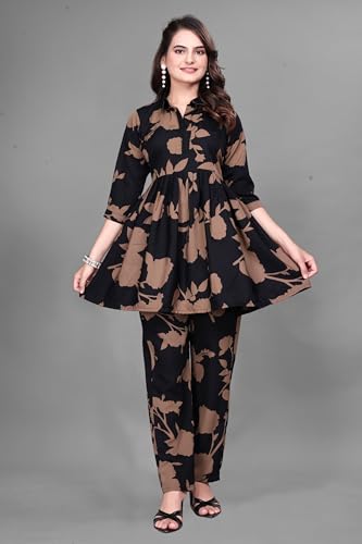 Image of Women Crepe 3 /4 Sleeves V Neck Cord Set Featuring Floral Pattern Design 2 Piece Ethnic Wear Set