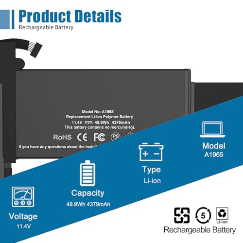 Image of A1965 Laptop Battery Replacement for MacBook Air 13 inch Retina (2018 2019, Early 2020) EMC 3184 3302 MRE82 MRE92 MVFH2 MWTJ2 MVH22 MacBookAir8,1 8,2 9,1 Series A1932 A2179 11.4 V 55 Wh 4800 mAh