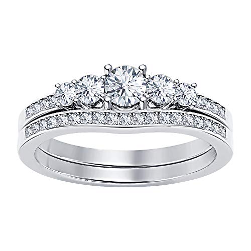 1.12Ctw 5-Stone Round Cut Gemstone 14K White Gold Over Bridal Wedding Ring Set For Women's