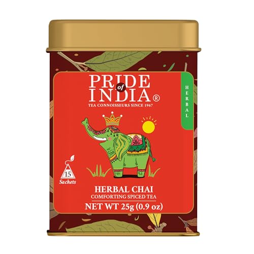 El orgullo de la India Tulsi Chai Herbal Tea Bags 1 Pack (25 saquitos) - Té de hierbas sin cafeína - Spiced Chai calmante y refrescante
