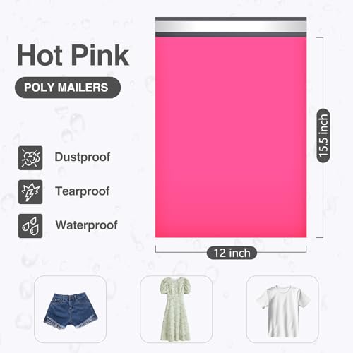 Image of UCGOU Poly Mailers 12x15.5 Inch Hot Pink 100 Pack Medium Shipping Bags #5 Strong Thick Mailing Envelopes Self Sealing Adhesive Waterproof and Tear Proof Boutique Packaging Postal for Clothing