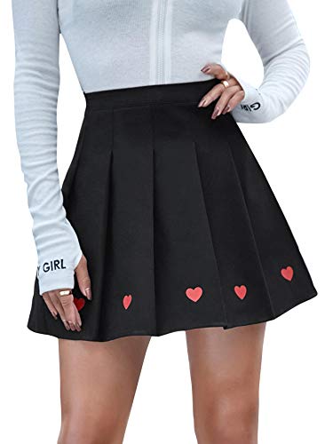 WDIRARA Women s Pleated Heart Print High Waist Casual Skater Mini Skirt Black S