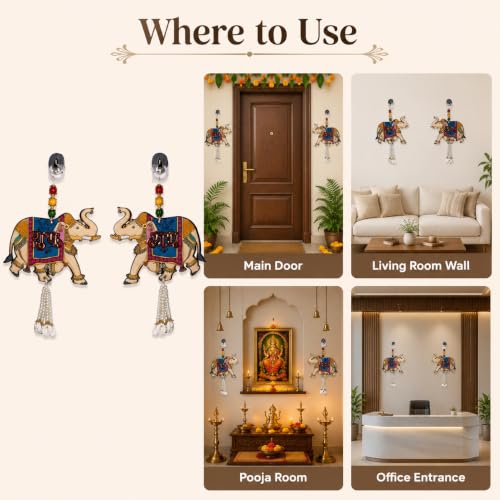 Image of Religious Door Hanging Decor with Pearl Beads & Tassel, Wooden Wall Hanging for Home Temple, Pooja Room, Entrance, Mandir Decoration & Spiritual Gift, Elephant