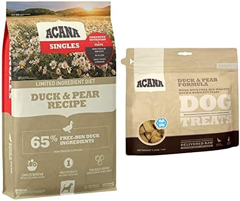 ACANA Singles Limited Ingredient Dry Dog Food, Grain Free, High Protein, Duck & Pear, 25lb + Treats