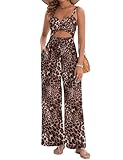 AGERWAY Jumpsuits for Women Dressy Summer Sexy V Neck Twist Leopard Print One Piece Outfits Sleeveless Casual Wide Leg Long Pant Rompers Fashion 2025 with Pockets Brown L