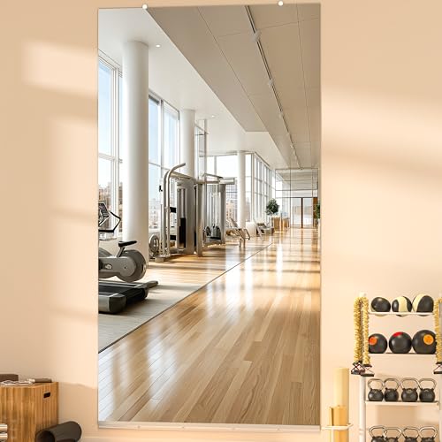 Hasipu Home Gym Mirror, 83"x40" Each, 1-Pack Frameless Wall Mounted Mirrors with Glass Clamps & 1 Aluminum Rail, Large Body Mirror for Home Gym, Yoga Studio, Bedroom, Silver Tempered Glass