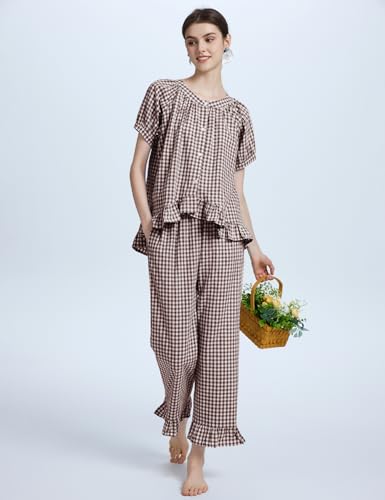 Flygo Womens Plaid 2 Piece Pajamas Sets Gingham Button Down Puff Sleeve Babydoll Shirt Ruffle Pants Y2K Pjs Lounge Set