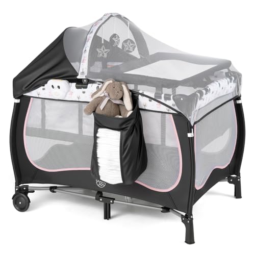 Image of BABY JOY 4 in 1 Pack and Play, Portable Baby Playard with Bassinet, Adjustable Canopy, Changing Table, Lockable Wheels, Music Box, Travel Baby Crib Bassinet from Newborn to Toddler