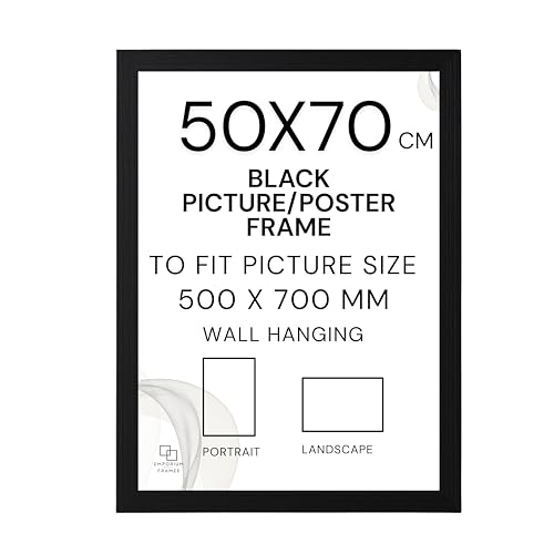 EMPORIUM RETAIL FRAMES Black 50X70cm Picture Frame - 500x700mm Black Poster Frame Wood, Styrene Acrylic Glass, MDF Back & Hooks - Portrait or Landscape Ideal for Gallery Wall Decorations