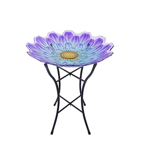 Peaktop Garden Handpainted Flower Fusion Glass Birdbath With Metal Stand, 21.2" Height, Purple/Light Blue