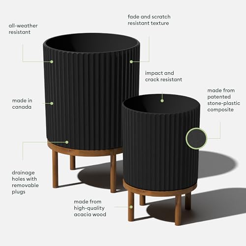 Image of Veradek Demi Series Raised Duo Planters - Set of 2 Planters with Stands | Made From a Durable Plastic-Stone Composite & Comes With Wooden Stand. Modern Porch /Patio Decor