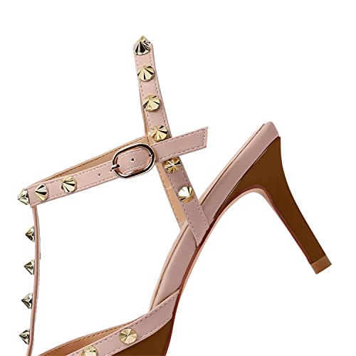 Image of XINIUNIU Studded Heels for Women Kitten Heels with Studs Stiletto Sandals with Rivet Ankle Strap Patent Leather Pointy Toe 2.5 Inch Party Daily Wear Evening Sandals