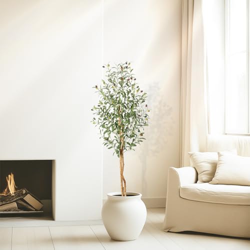 Artificial Olive Tree 5ft,Faux Plant with White Pot, Floor Fake Plants with Natural Wood Trunk and Fruits, Artificial Trees Indoor for Home Decor