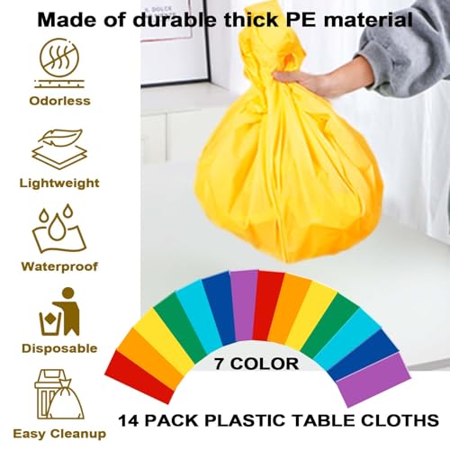 Image of G GENLEAS 14 Pack Assorted Color Plastic Tablecloth Colorful Rectangle Table Covers for Birthday Wedding Fiesta Picnic Party, Rainbow Party Decorations, 7 Color, 54x108 Inch