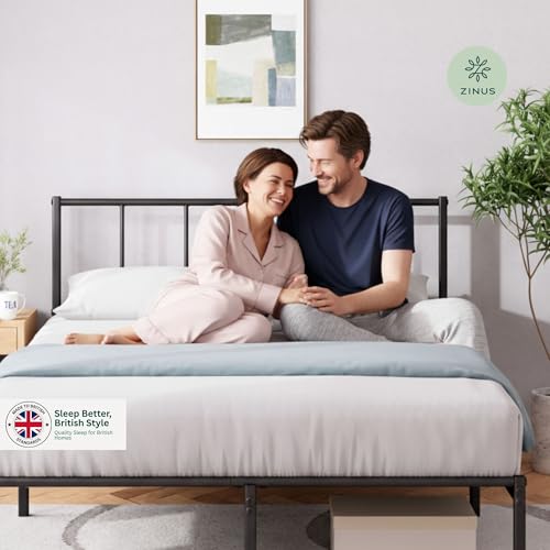 Image of ZINUS Justin Double Bed Frame - Bed 190x135 cm - 35cm Height - Metal Bed Frame with Headboard - Platform bed frame with steel slat support - Modern Design - Easy Assembly - Black