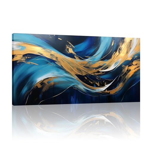 Décoration murale sur toile abstraite moderne bleue grand format encadré 24x48in
