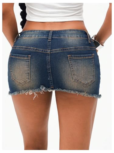 MakeMeChic Women's Denim Mini Skirt Low Waist Distressed Raw Hem Micro Jean Skirts3