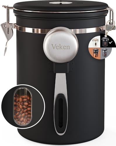 Veken Coffee Canister with Window,Airtight Stainless Steel Container,Home Kitchen Food Storage Organizers for Grounds,Beans,Espresso,Rice,Tea,Sugar,Flour, Cereal,Scoop,Bar Accessories,Gifts,22OZ,Black