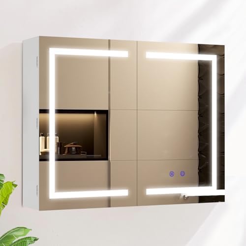 Axisfurn Armario Con Espejo De Baño Con Iluminación Led, Con Estante Ajustable Y Enchufe, Doble Puerta Antivaho, Armario De Pared Con Iluminación Interior, 80 X 60 Cm, Blanco