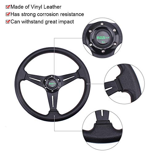 Rastp Universal Racing Steering Wheel 13.8”/350Mm 6 Bolts Grip Vinyl Leather & Aluminum With Horn Button For Car -Black #TOP3